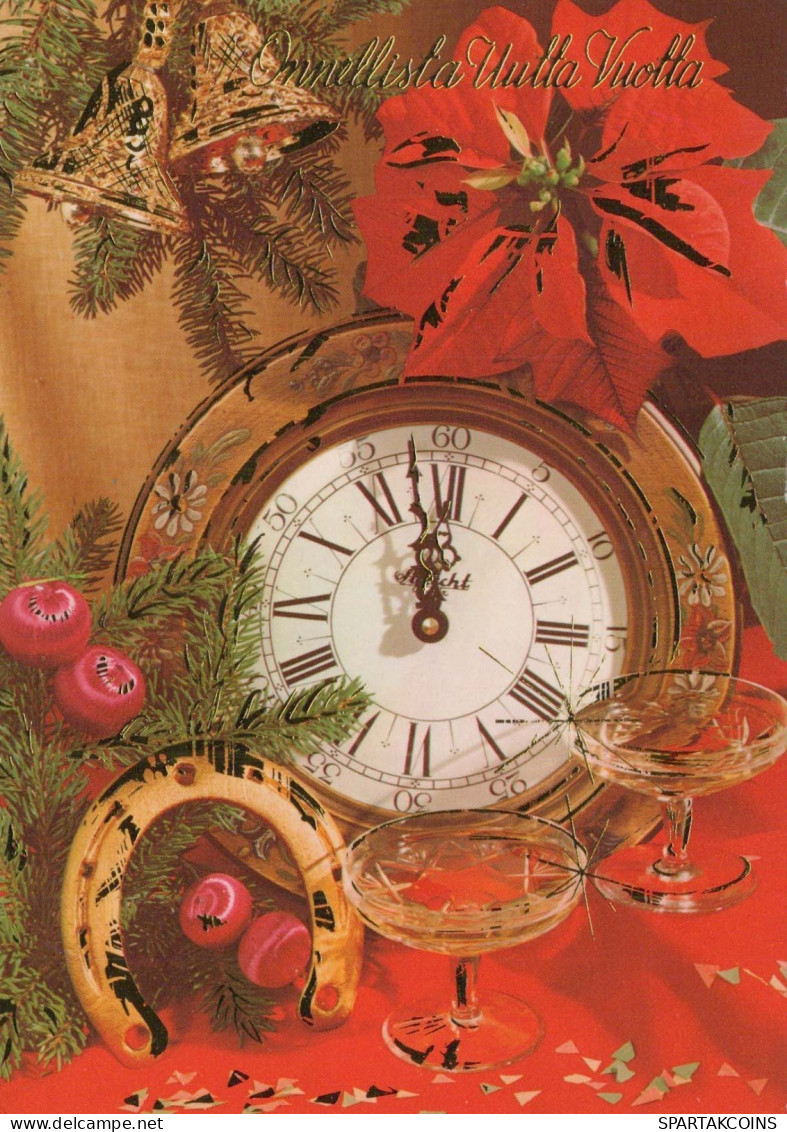 Bonne Année Noël HORLOGE DE TABLE FER À CHEVAL Vintage Carte Postale CPSM #PAT733.A - New Year