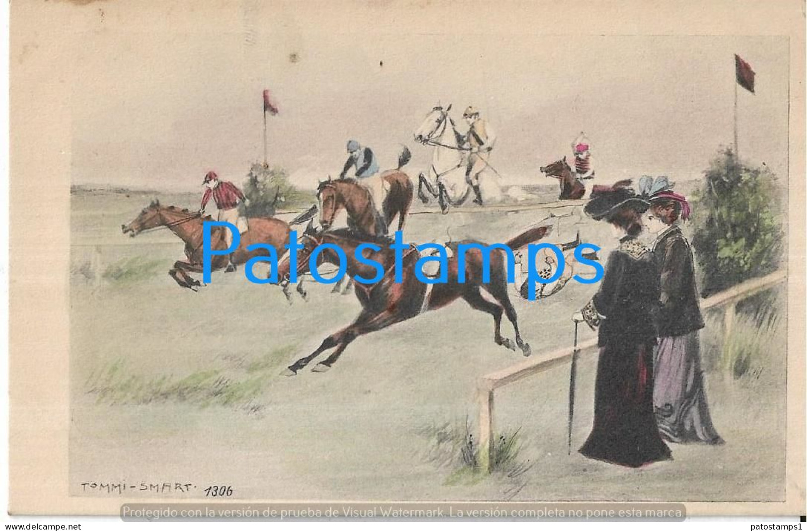 229045 ART ARTE SIGNED TOMMI SMART HORSE RACE AND WOMAN LOOKING POSTAL POSTCARD - Autres & Non Classés