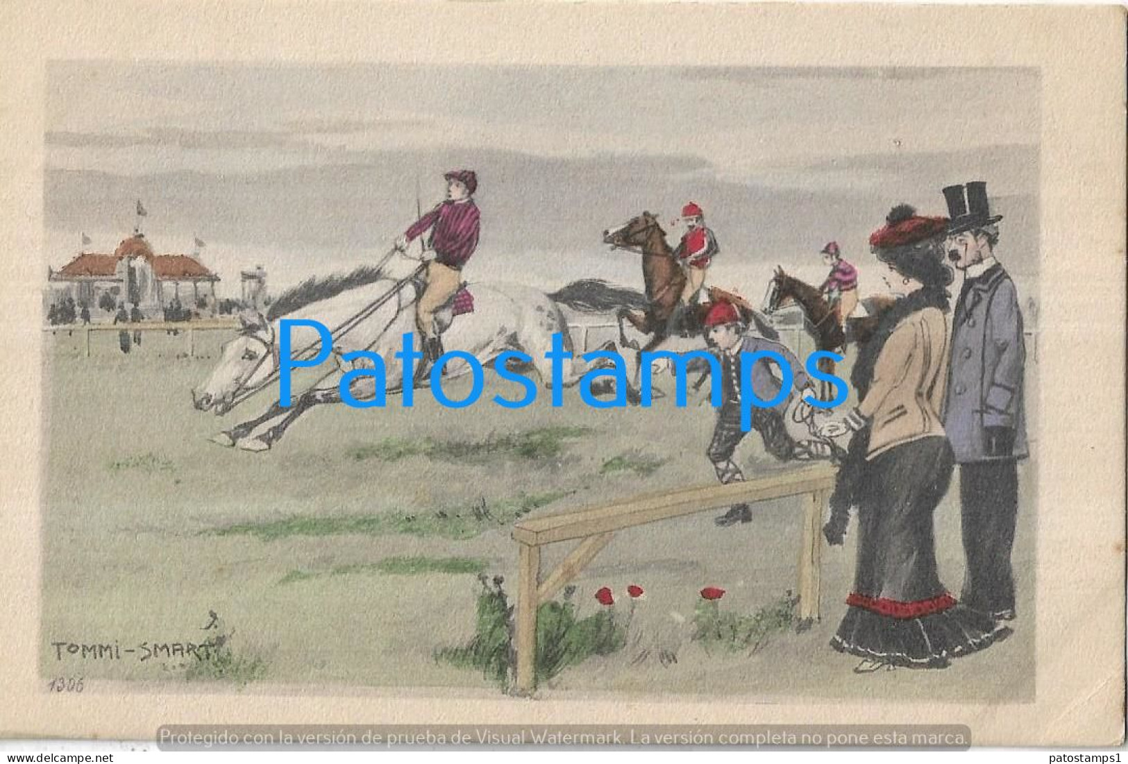 229047 ART ARTE SIGNED TOMMI SMART THE HORSE RACE AND COUPLE LOOKING POSTAL POSTCARD - Other & Unclassified