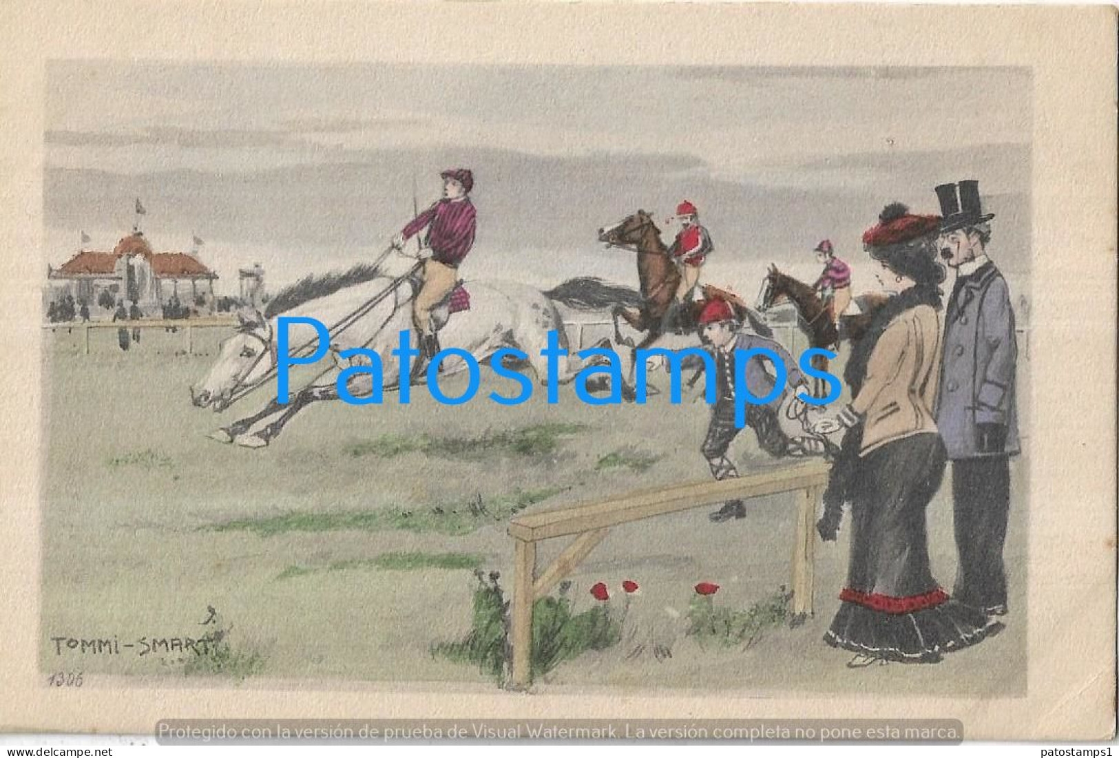 229047 ART ARTE SIGNED TOMMI SMART THE HORSE RACE AND COUPLE LOOKING POSTAL POSTCARD - Autres & Non Classés