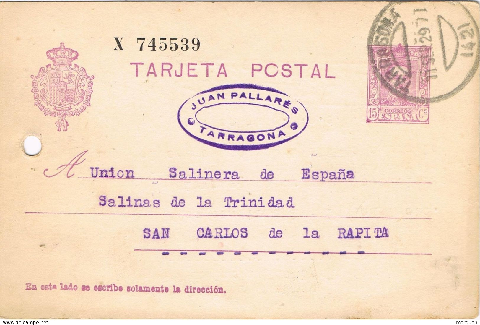 55118. Entero Postal TARRAGONA 1929. Alfonso XIII Vaquer. Comercial Pallares - 1850-1931