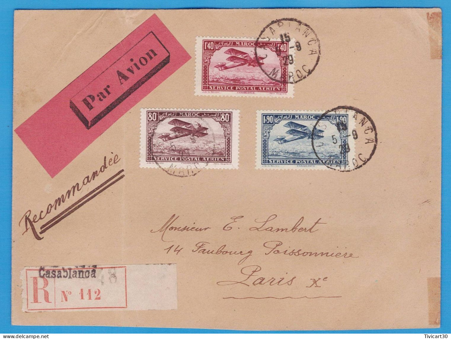 LETTRE RECOMMANDEE PAR AVION DE 1929 - CASABLANCA (MAROC) POUR PARIS - TIMBRES POSTES AERIENNES DU MAROC - Luftpost