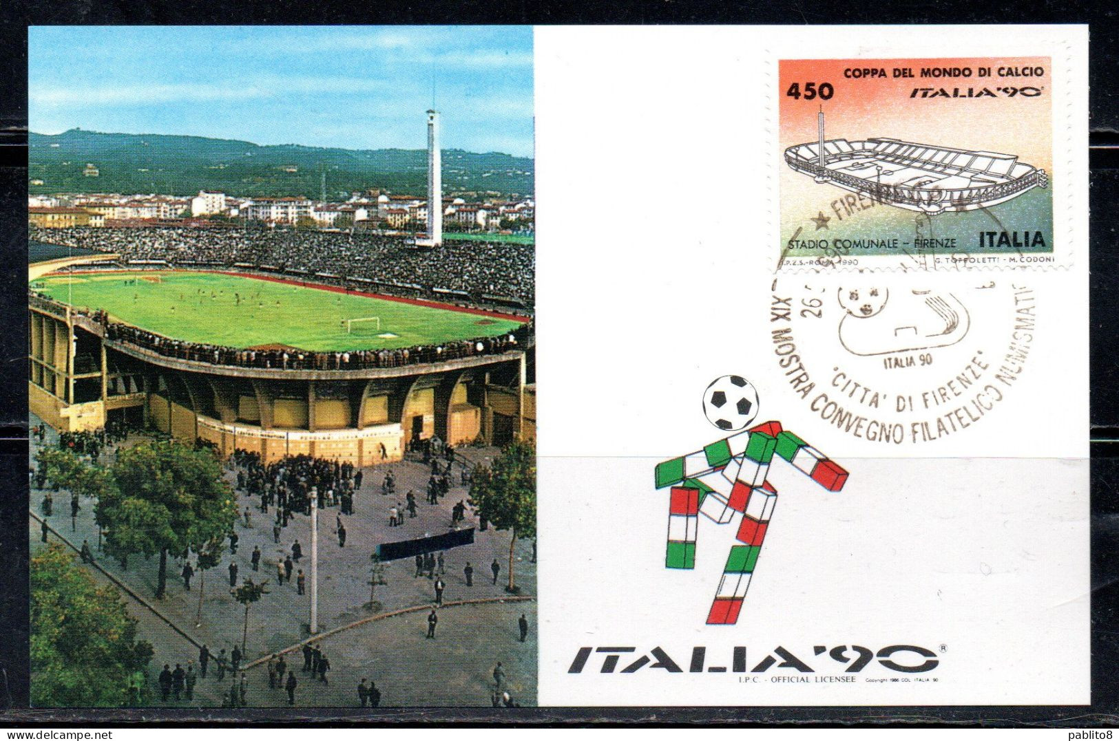 ITALIA 90 REPUBBLICA ITALY REPUBLIC 1990 COPPA DEL MONDO DI CALCIO STADIO COMUNALE FI L. 450 MAXI MAXIMUM CARD CARTOLINA - Maximum Cards
