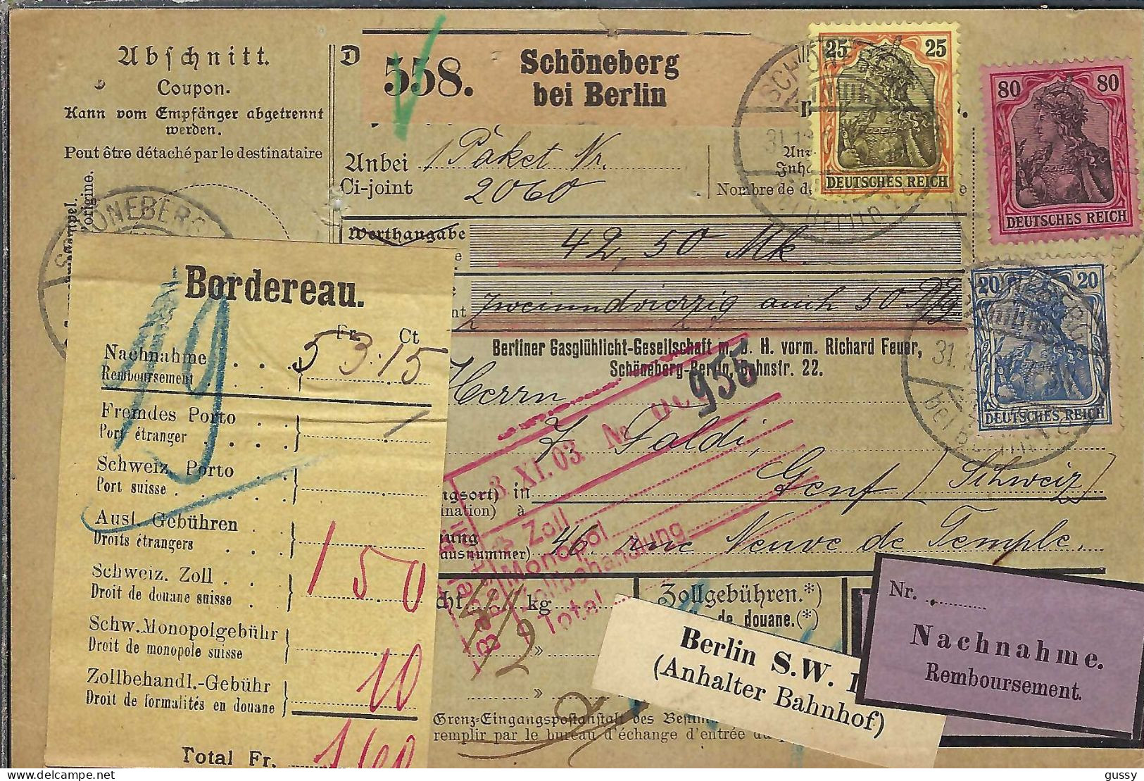 ALLEMAGNE Ca.1903: Bulletin D'Expédition CR De Schöneberg Bei Berlin Pour Genève (Suisse) - Brieven En Documenten