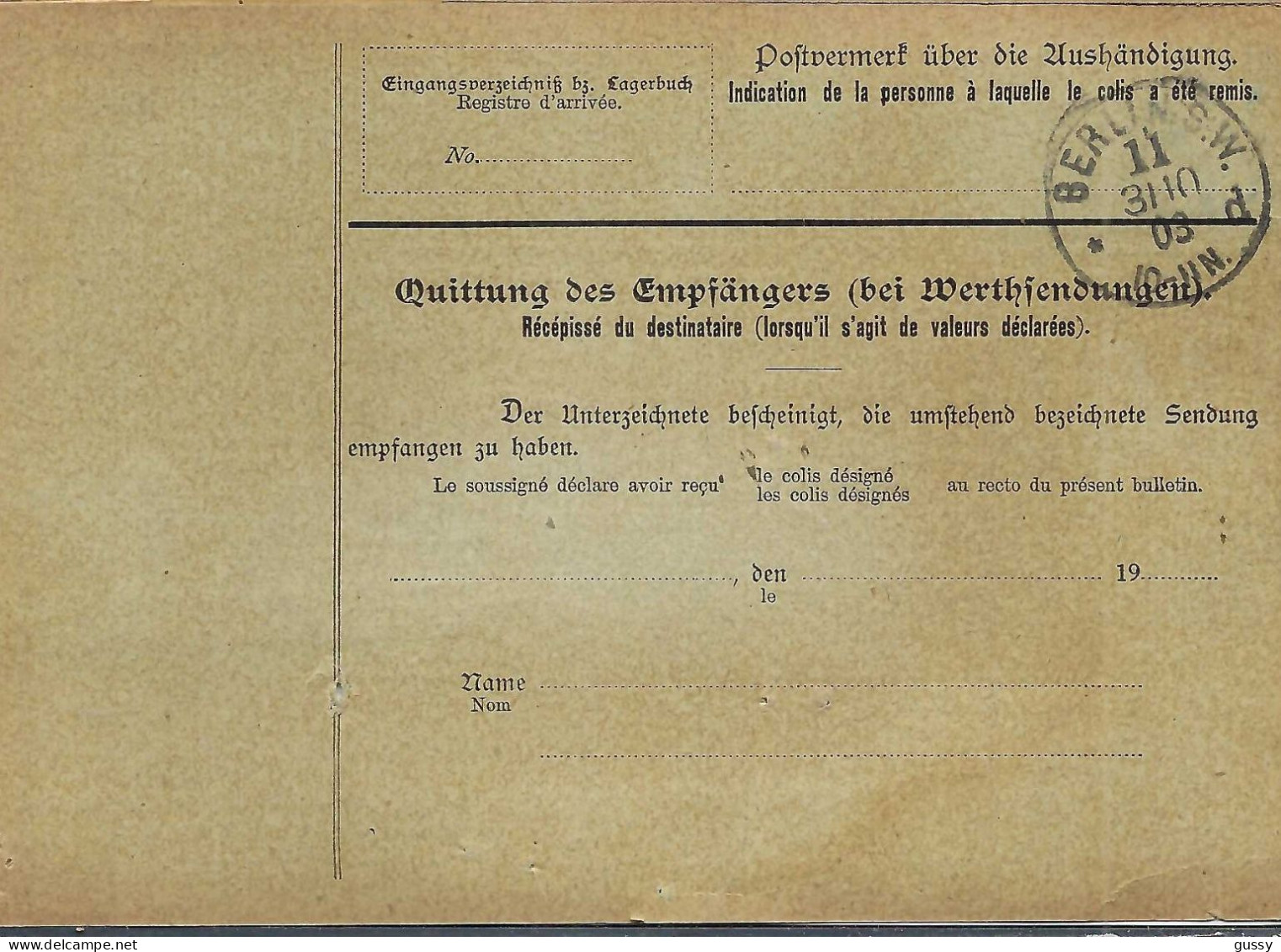 ALLEMAGNE Ca.1903: Bulletin D'Expédition CR De Schöneberg Bei Berlin Pour Genève (Suisse) - Covers & Documents