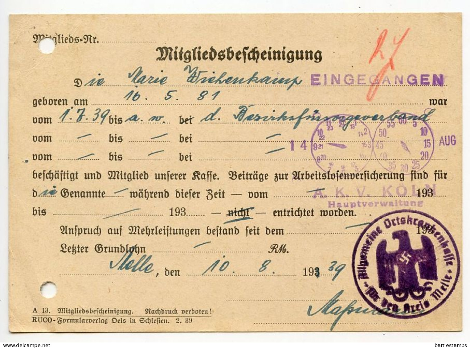 Germany 1939 Postcard; Bruchmühlen (Kr. Herford) - Allgemeine Ortskrankenkasse Für Den Kreis Melle; 6pf. Hindenburg - Cartas & Documentos