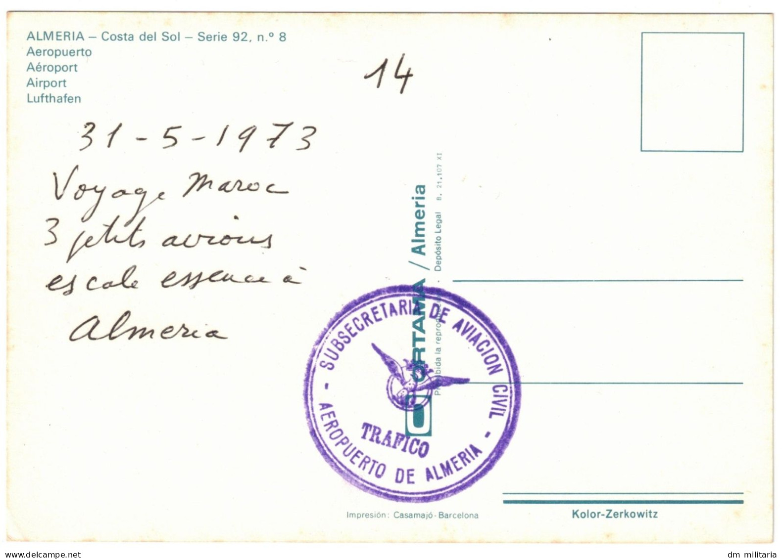 CARTE 1973 : AÉROPORT ALMERIA - COSTA DEL SOL - BEAU CACHET TRAFICO AÉROPUERTO DE ALMERIA - ESPAGNE - Vliegvelden