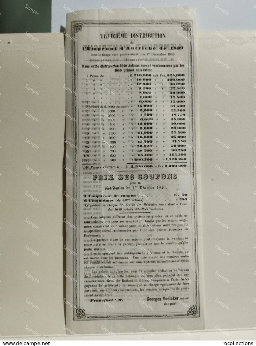 Thirteenth Distribution Loan From Austria PROSPECTUS Relatif à L'EMPRUNT D'AUTRICHE En 1839. Prix Coupons 1846 - Sonstige & Ohne Zuordnung