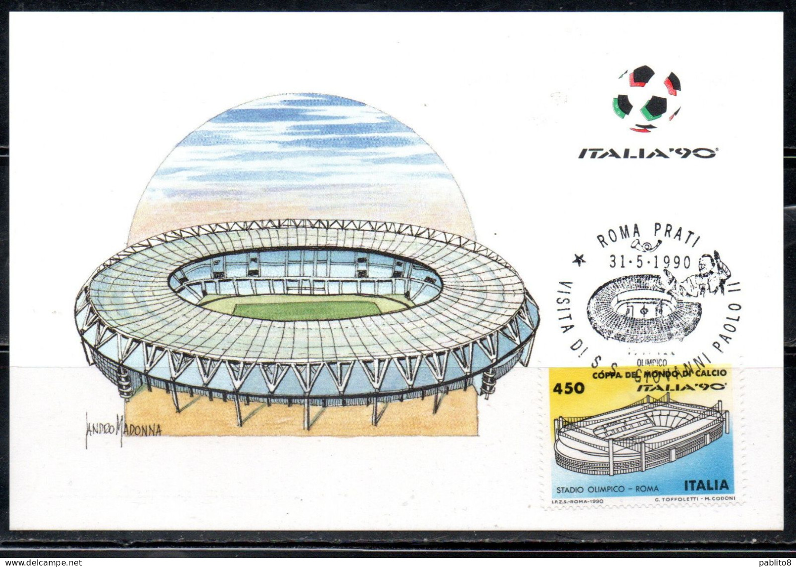 ITALIA 90 REPUBBLICA ITALY REPUBLIC 1990 COPPA DEL MONDO DI CALCIO STADIO OLIMPICO RM L. 450 MAXI MAXIMUM CARD CARTOLINA - Cartes-Maximum (CM)