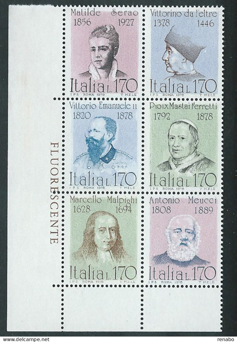 Italia 1978; Personaggi Illustri, Serie Completa Unita In Blocco D' Angolo; FLUORESCENTE. - 1971-80: Mint/hinged