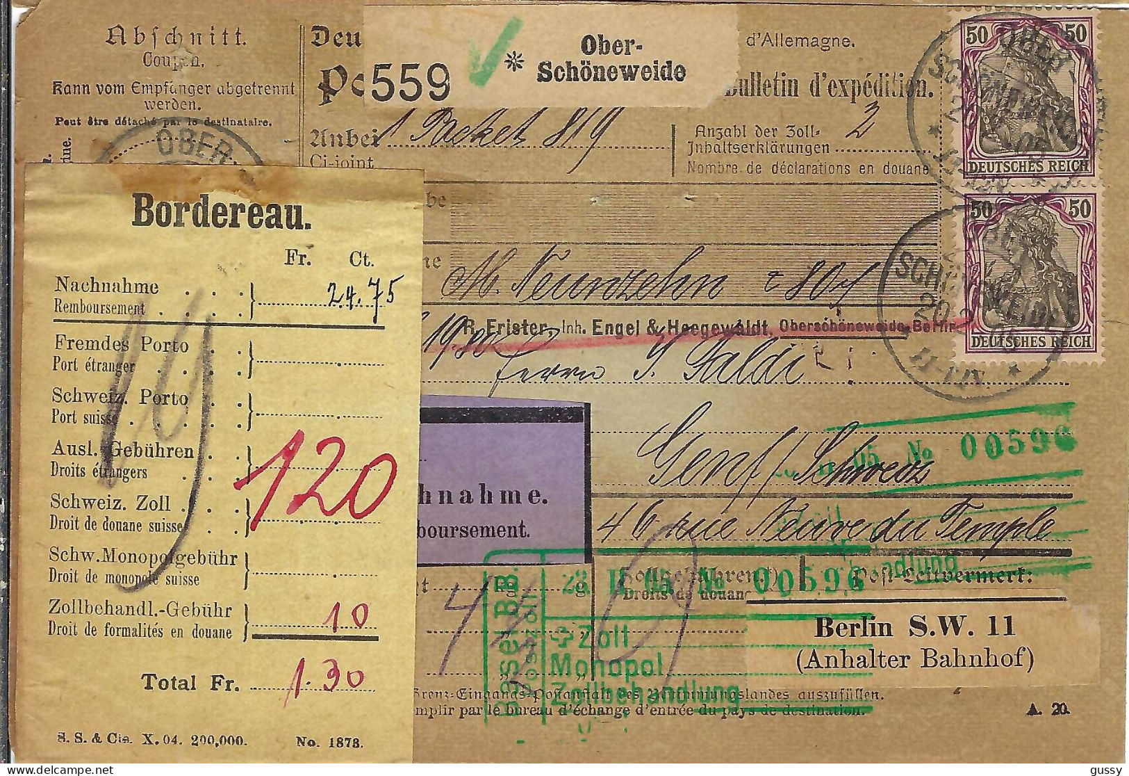 ALLEMAGNE Ca.1905: Bulletin D'Expédition CR De Ober-Schöneweide Pour Genève (Suisse) - Lettres & Documents