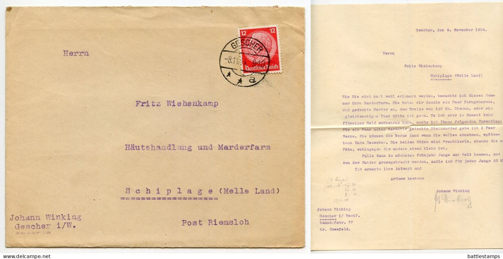 Germany 1934 Cover & Letter; Gescher - Johann Winking To Schiplage; 12pf. Hindenburg - Cartas & Documentos