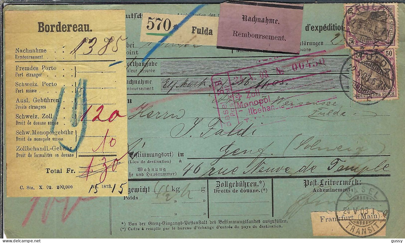 ALLEMAGNE Ca.1903: Bulletin D'Expédition CR De Fulda Pour Genève (Suisse) - Briefe U. Dokumente