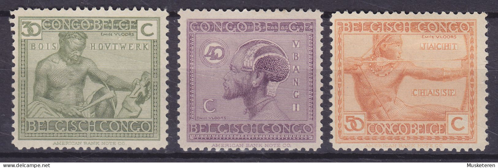 Belgian Congo 1925 Mi. 78-80, Holzarbeiter, Ubangi-Mann, Bogenschütze, MH* (2 Scans) - Unused Stamps