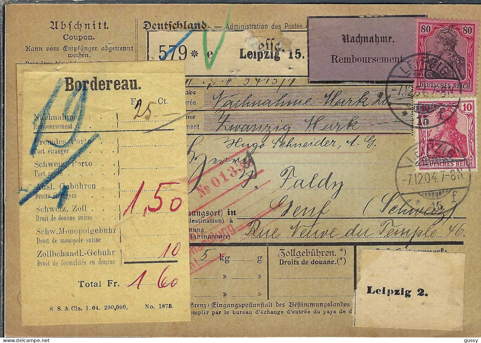 ALLEMAGNE Ca.1904: Bulletin D'Expédition CR De Leipzig Pour Genève (Suisse) - Cartas & Documentos