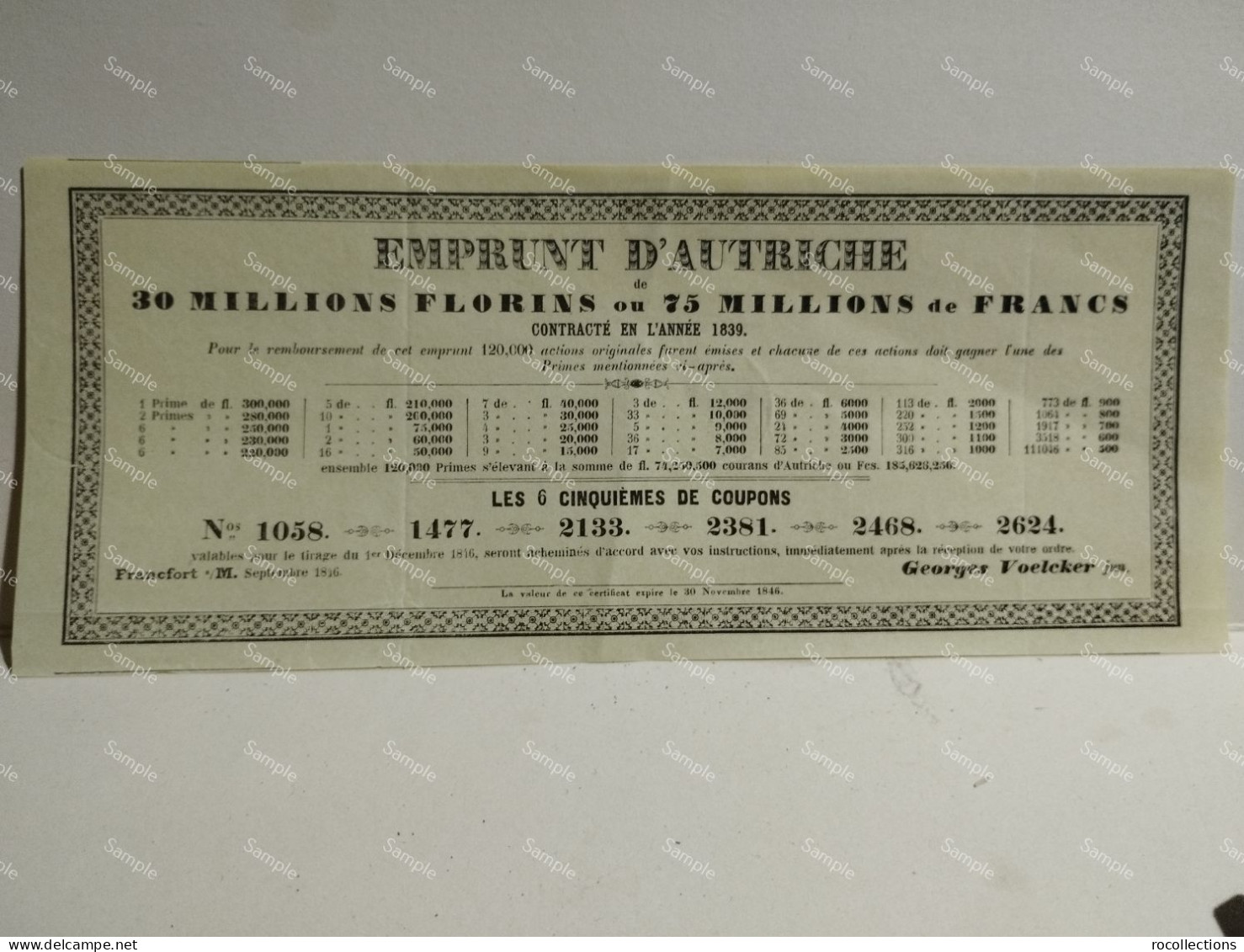 Loan From Austria L'EMPRUNT D'AUTRICHE 1839. 6 Cinquiemes De Coupons. George Voelcker. 1846. - Sonstige & Ohne Zuordnung