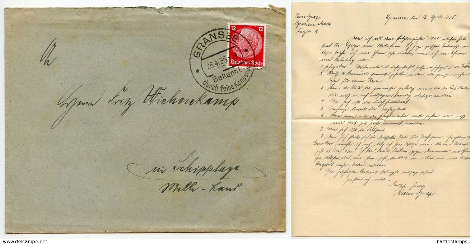 Germany 1935 Cover & Letter; Gransee To Schiplage; 12pf. Hindenburg - Briefe U. Dokumente