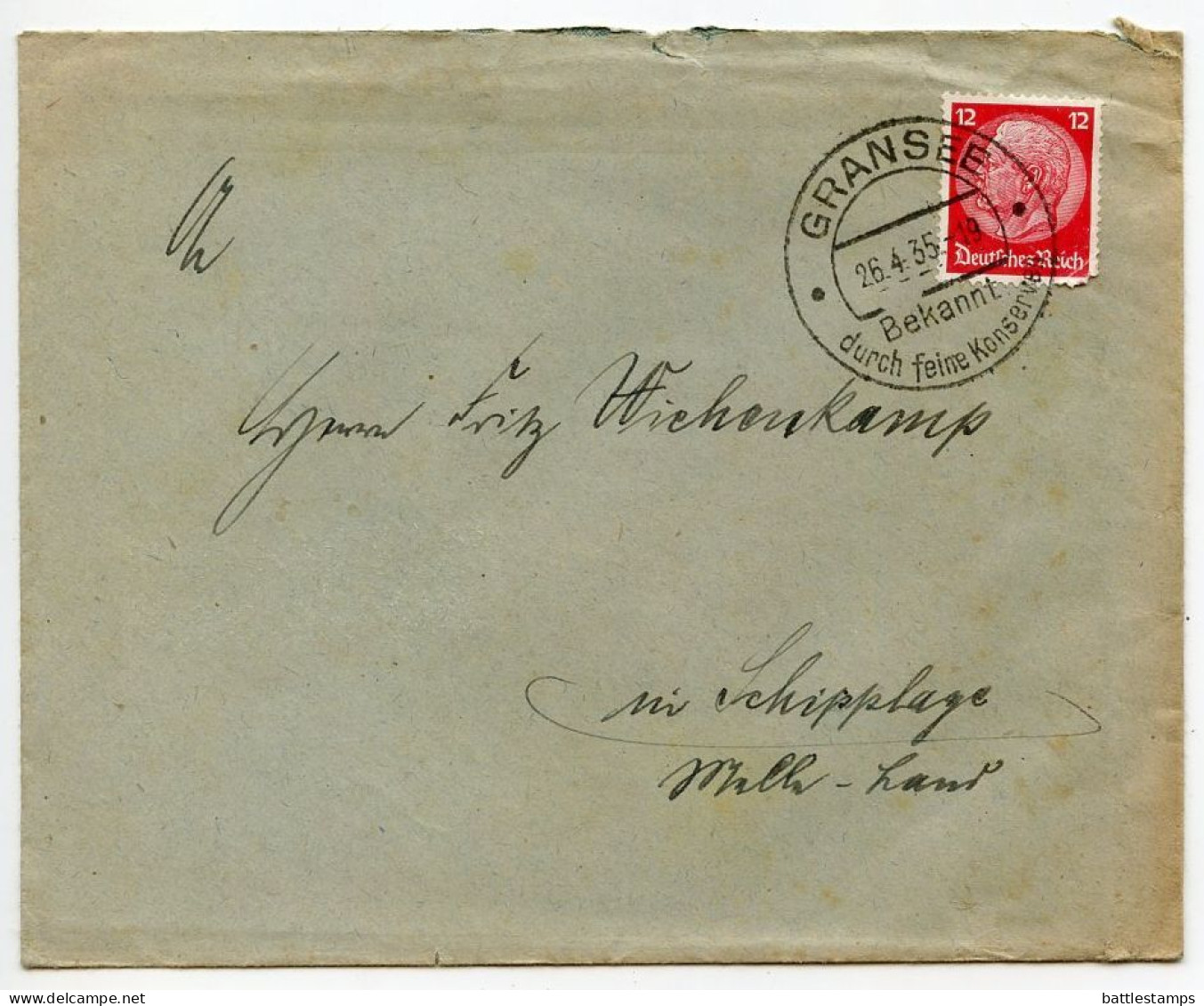 Germany 1935 Cover & Letter; Gransee To Schiplage; 12pf. Hindenburg - Brieven En Documenten