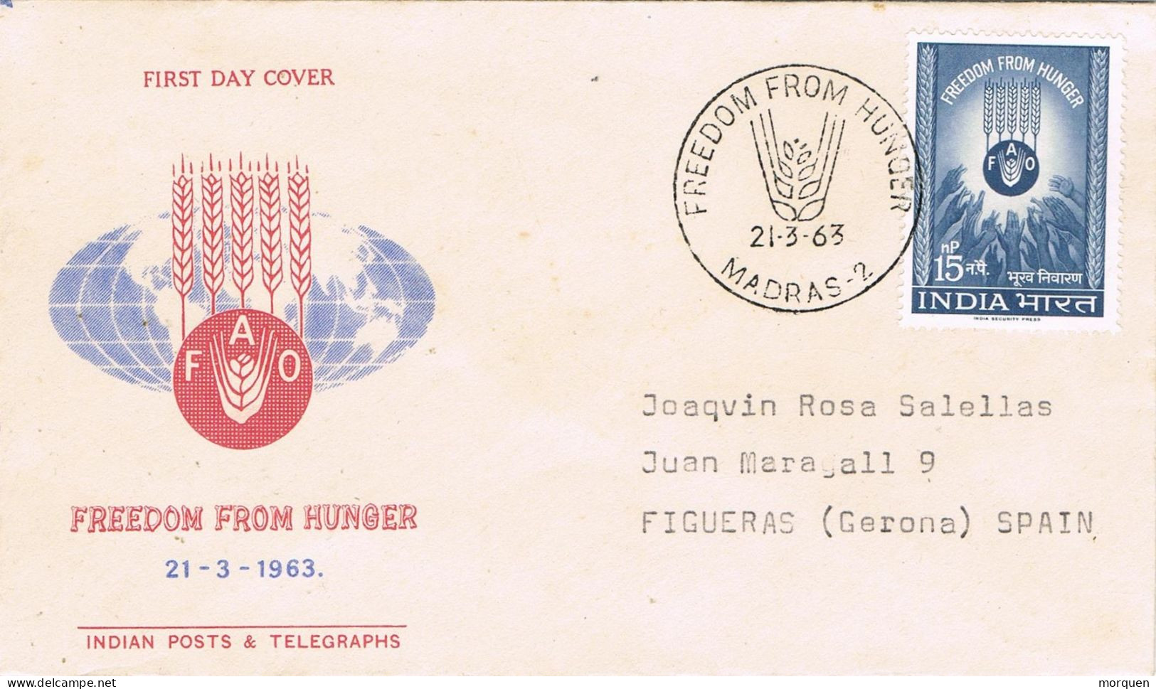 55121. Carta MADRAS (INdia) 1963. Freedom From Hunger. F.A.O. Alimentacion Y Agricultura - Brieven En Documenten