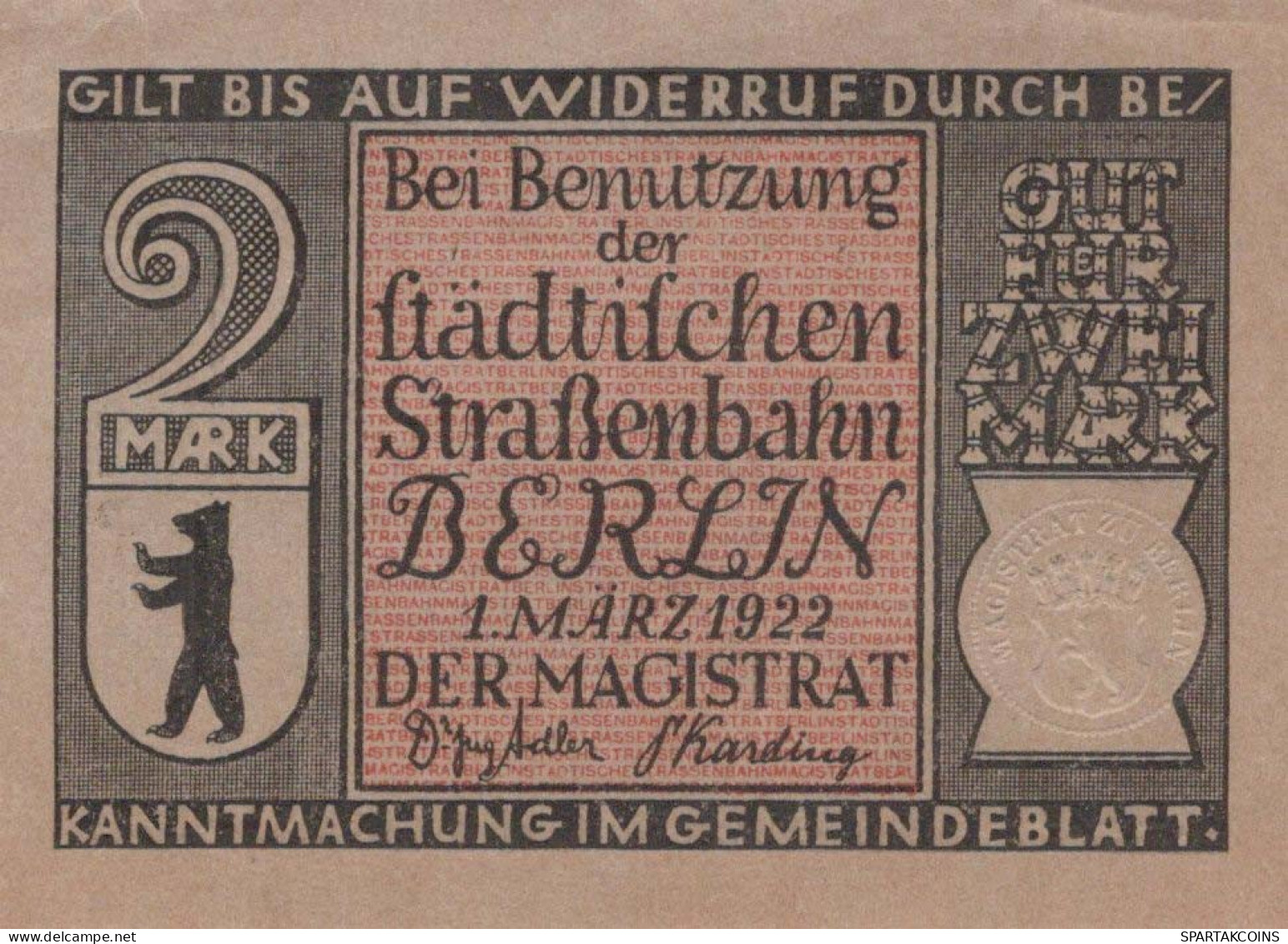 2 MARK 1922 Stadt BERLIN DEUTSCHLAND Notgeld Papiergeld Banknote #PF533 - [11] Local Banknote Issues