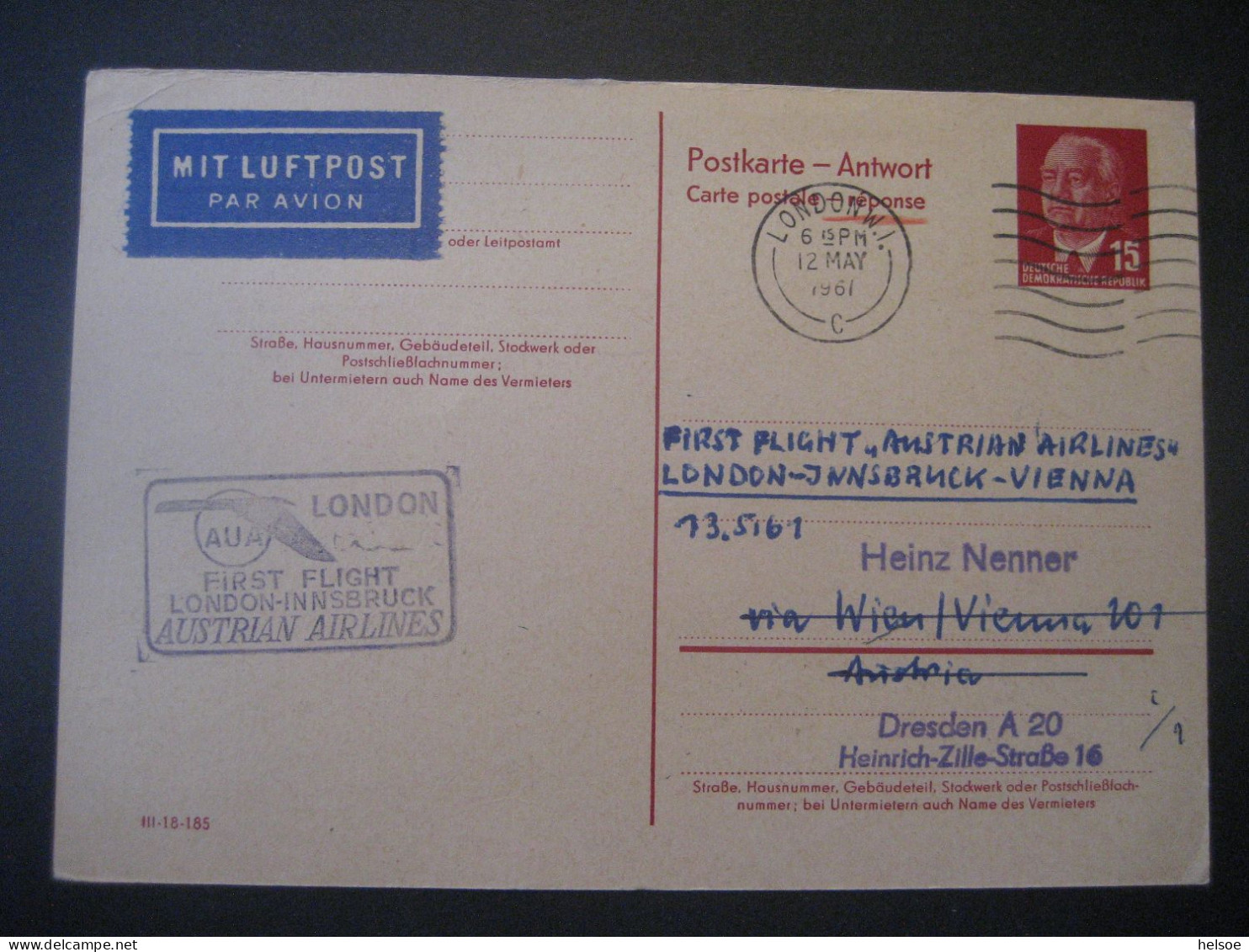 Deutschland DDR- Ganzsache Postkarte - Antwort, Erstflug 1961 London - Innsbruck Mit Austrian Airlines - Cartes Postales - Oblitérées