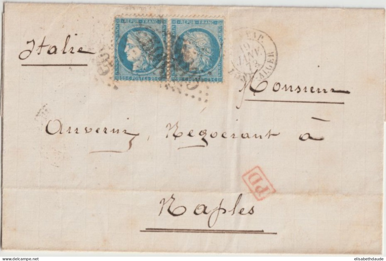 MARITIME - 1873 - RARE CACHET !! BAT. A VAP. BONE -  ALGER ! / LETTRE De BOUGIE (ALGERIE) => NAPLES ! - Correo Marítimo