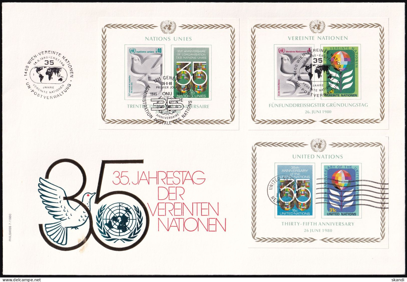 UNO NEW YORK - WIEN - GENF 1980 TRIO-FDC 35 Jahre Vereinte Nationen - New York/Geneva/Vienna Joint Issues