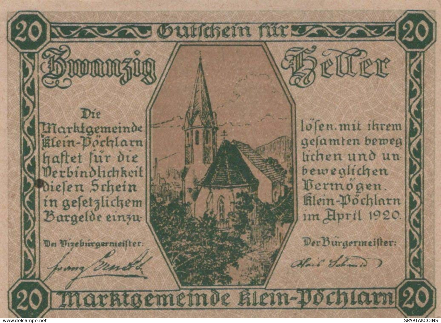20 HELLER 1920 Stadt KLEIN-PoCHLARN Niedrigeren Österreich Notgeld #PD694 - [11] Emissions Locales