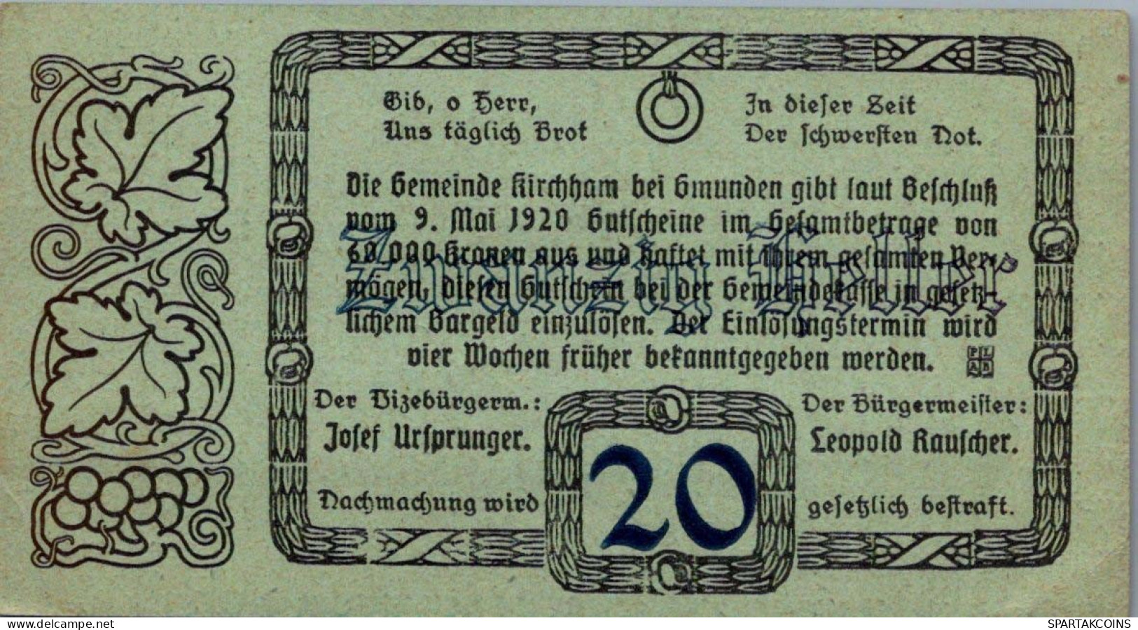 20 HELLER 1920 Stadt KALLHAM Oberösterreich Österreich Notgeld Banknote #PD702 - [11] Local Banknote Issues