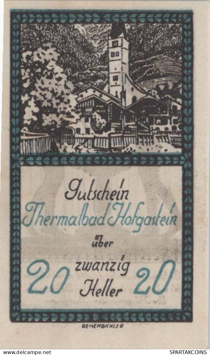 20 HELLER 1920 Stadt HOFGASTEIN Salzburg Österreich Notgeld Banknote #PD626 - [11] Local Banknote Issues