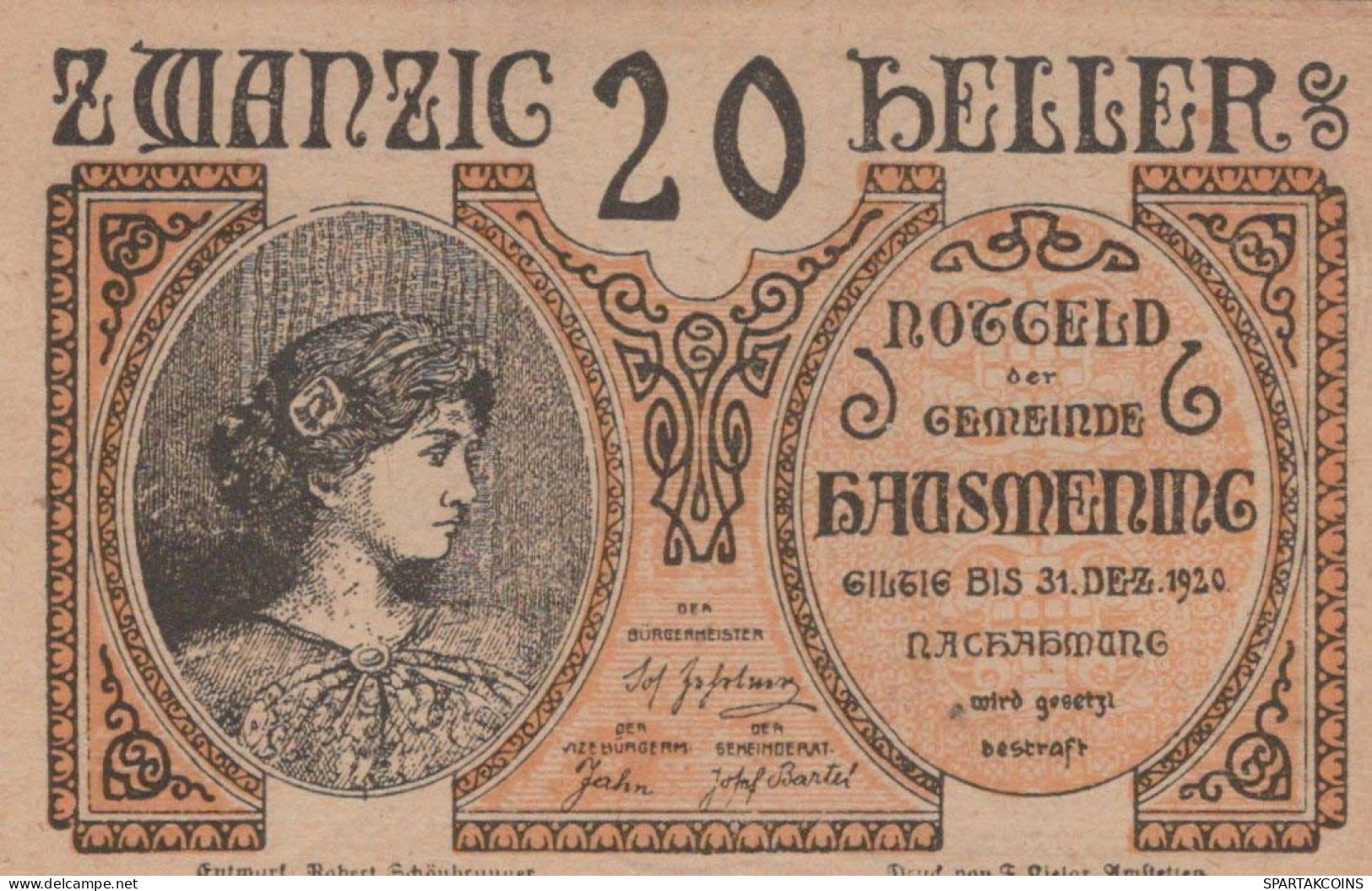 20 HELLER 1920 Stadt HAUSMENING Niedrigeren Österreich Notgeld Papiergeld Banknote #PG861 - [11] Local Banknote Issues