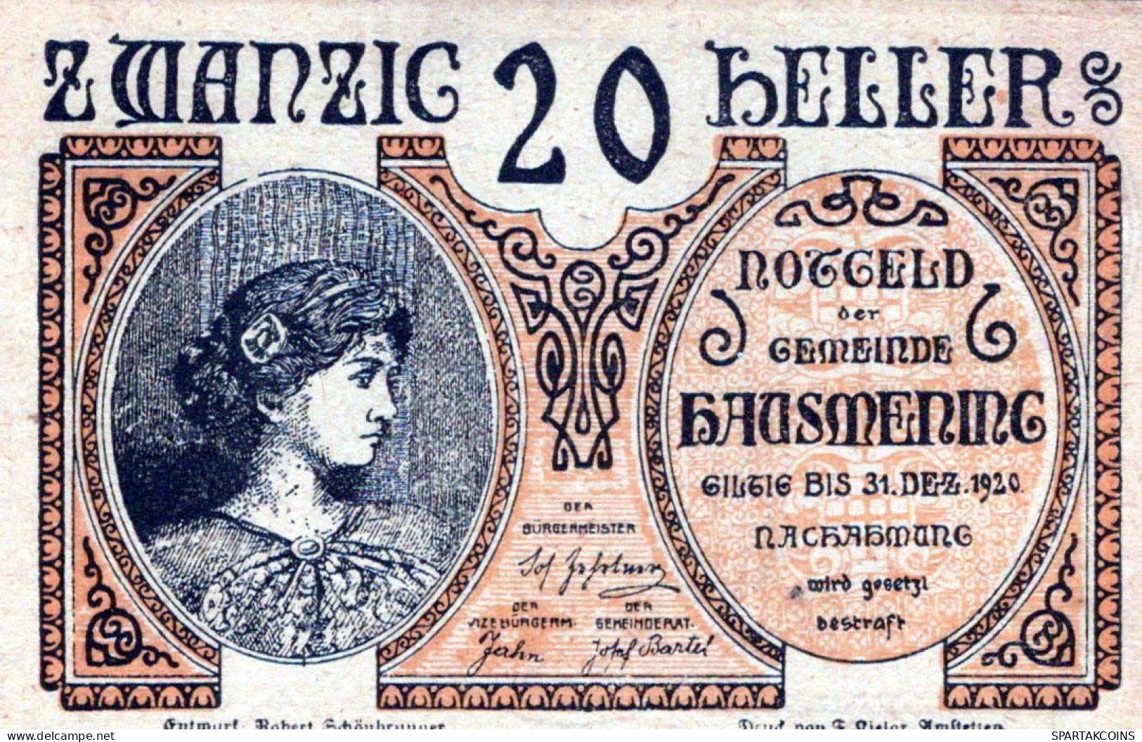 20 HELLER 1920 Stadt HAUSMENING Niedrigeren Österreich Notgeld Papiergeld Banknote #PG861 - [11] Local Banknote Issues