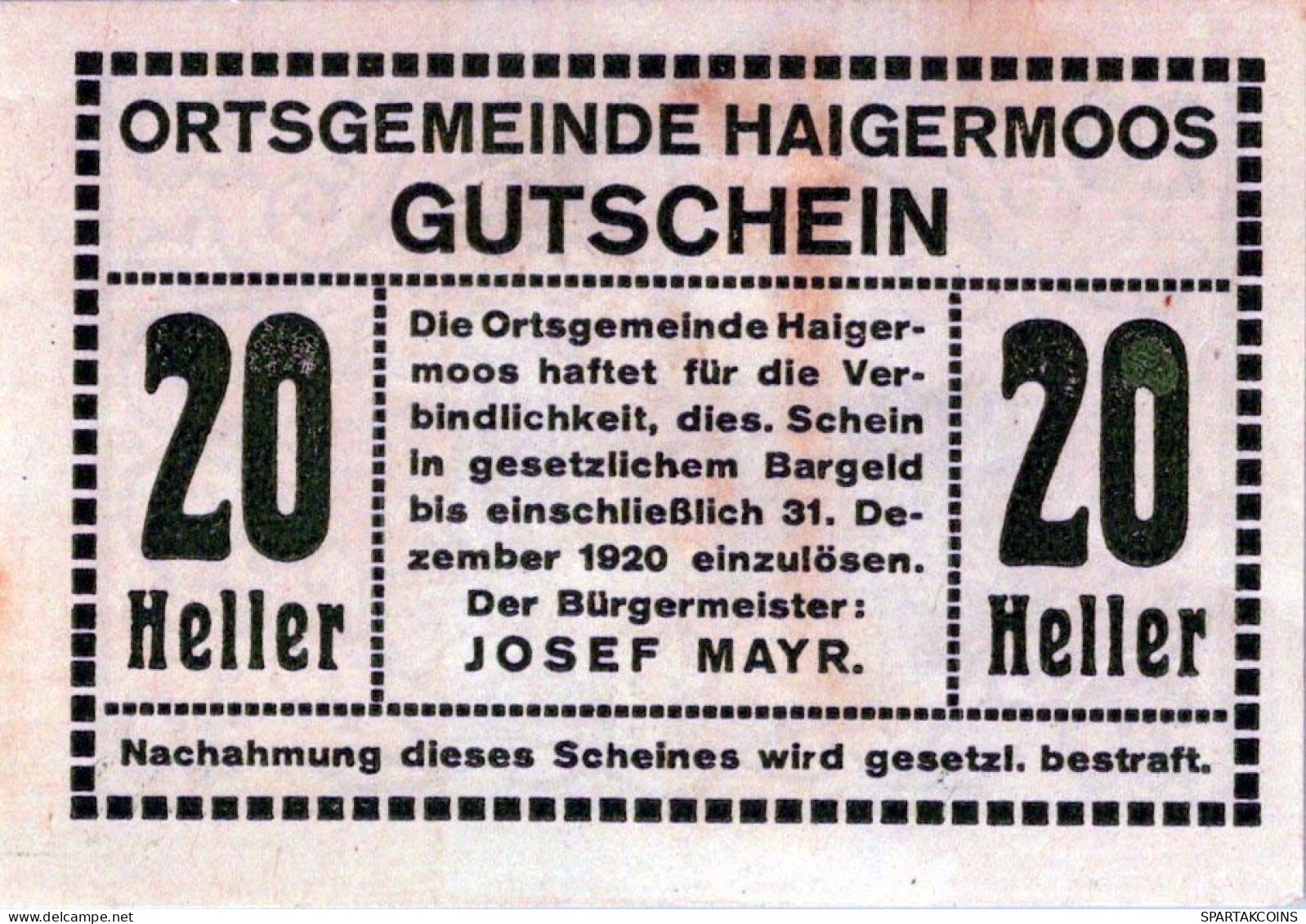 20 HELLER 1920 Stadt Haigermoos Oberösterreich Österreich Notgeld Papiergeld Banknote #PG849 - [11] Local Banknote Issues