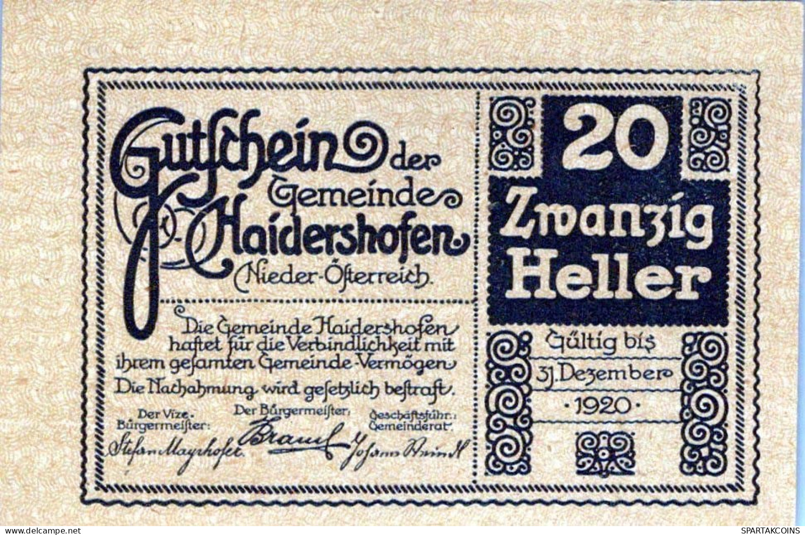 20 HELLER 1920 Stadt HAIDERSHOFEN Niedrigeren Österreich Notgeld Papiergeld Banknote #PG870 - [11] Local Banknote Issues