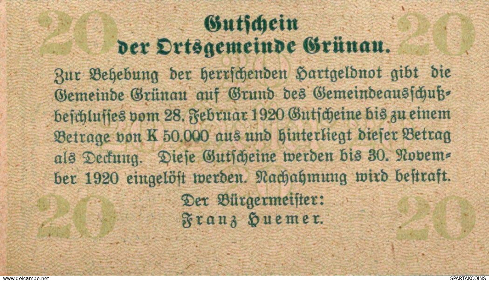 20 HELLER 1920 Stadt GRÜNAU Oberösterreich Österreich Notgeld Papiergeld Banknote #PG505 - [11] Local Banknote Issues