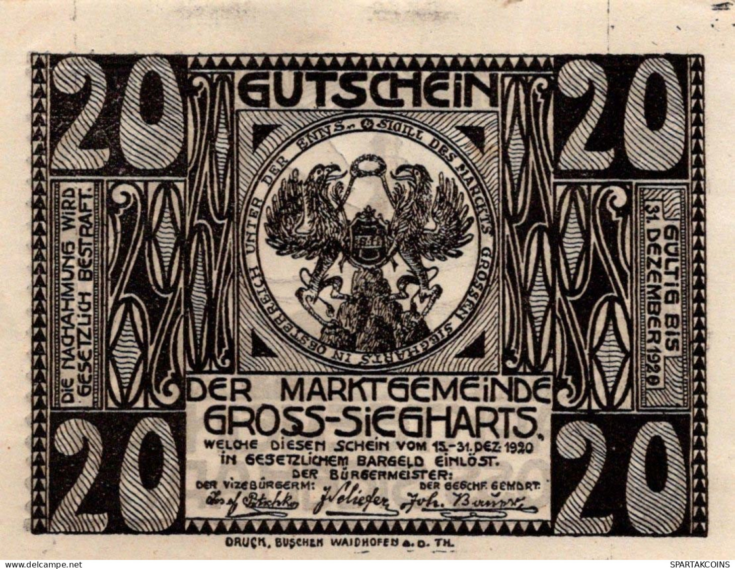 20 HELLER 1920 Stadt GROSS-SIEGHARTS Niedrigeren Österreich Notgeld Papiergeld Banknote #PG837 - [11] Local Banknote Issues