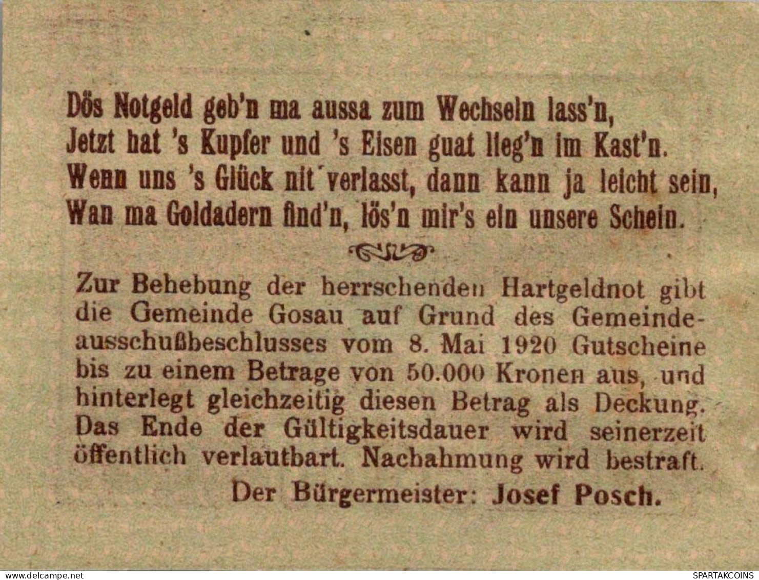 20 HELLER 1920 Stadt GOSAU Oberösterreich Österreich Notgeld Banknote #PE917 - Lokale Ausgaben