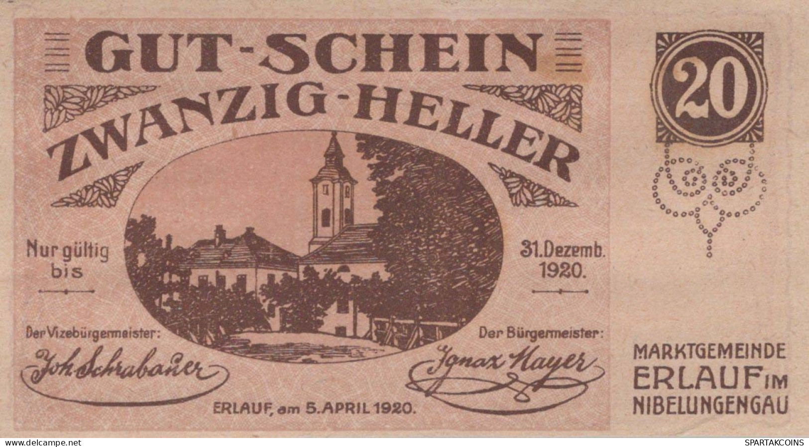 20 HELLER 1920 Stadt ERLAUF IM NIBELUNGENGAU Niedrigeren Österreich Notgeld Papiergeld Banknote #PG818 - Lokale Ausgaben