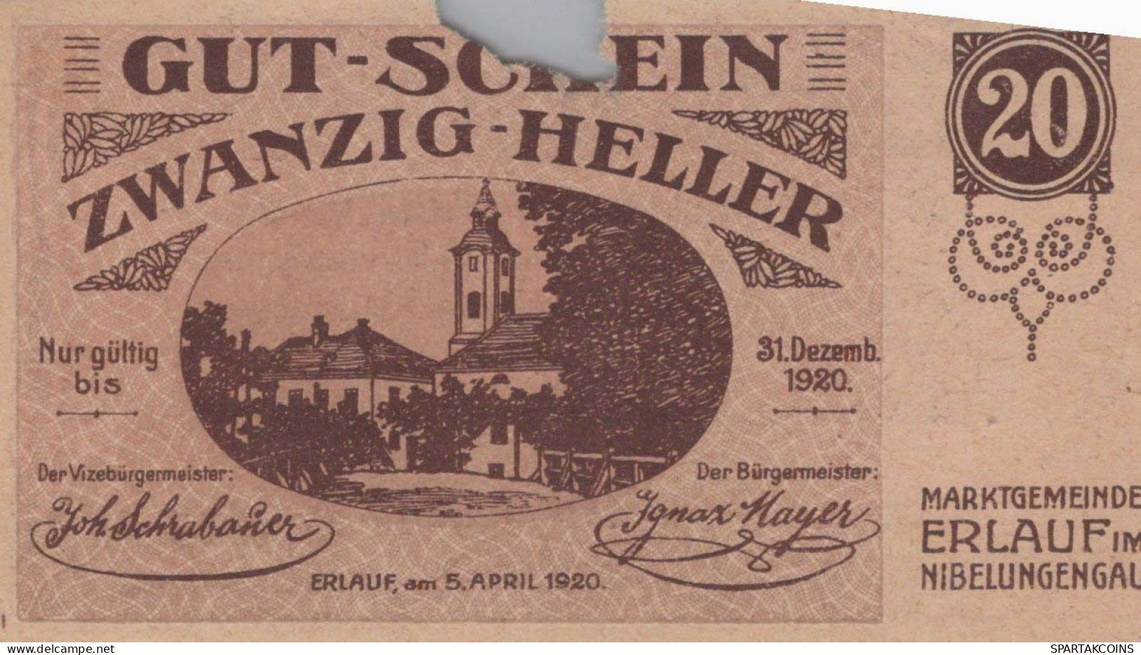 20 HELLER 1920 Stadt ERLAUF IM NIBELUNGENGAU Niedrigeren Österreich #PI328 - Lokale Ausgaben