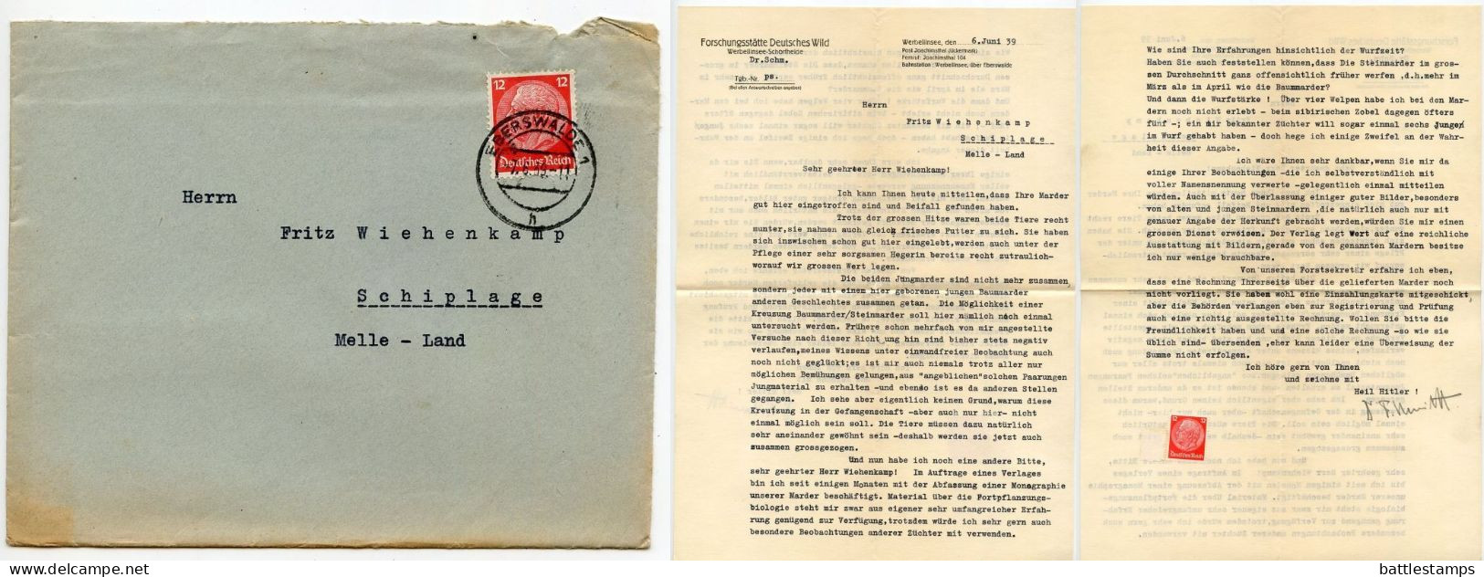 Germany 1939 Cover & Letter; Eberswalde - Dr. Schmidt, Forschungsstätte Deutsches Wild To Schiplage; 12pf. Hindenburg - Briefe U. Dokumente