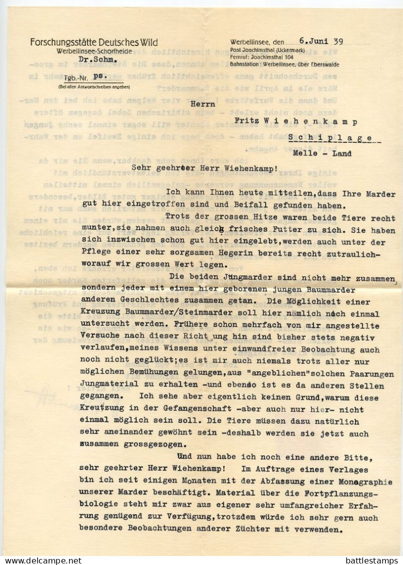 Germany 1939 Cover & Letter; Eberswalde - Dr. Schmidt, Forschungsstätte Deutsches Wild To Schiplage; 12pf. Hindenburg - Lettres & Documents