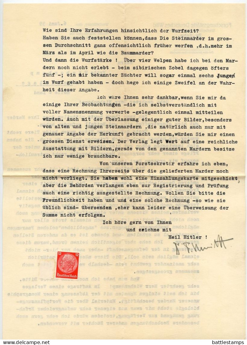 Germany 1939 Cover & Letter; Eberswalde - Dr. Schmidt, Forschungsstätte Deutsches Wild To Schiplage; 12pf. Hindenburg - Lettres & Documents