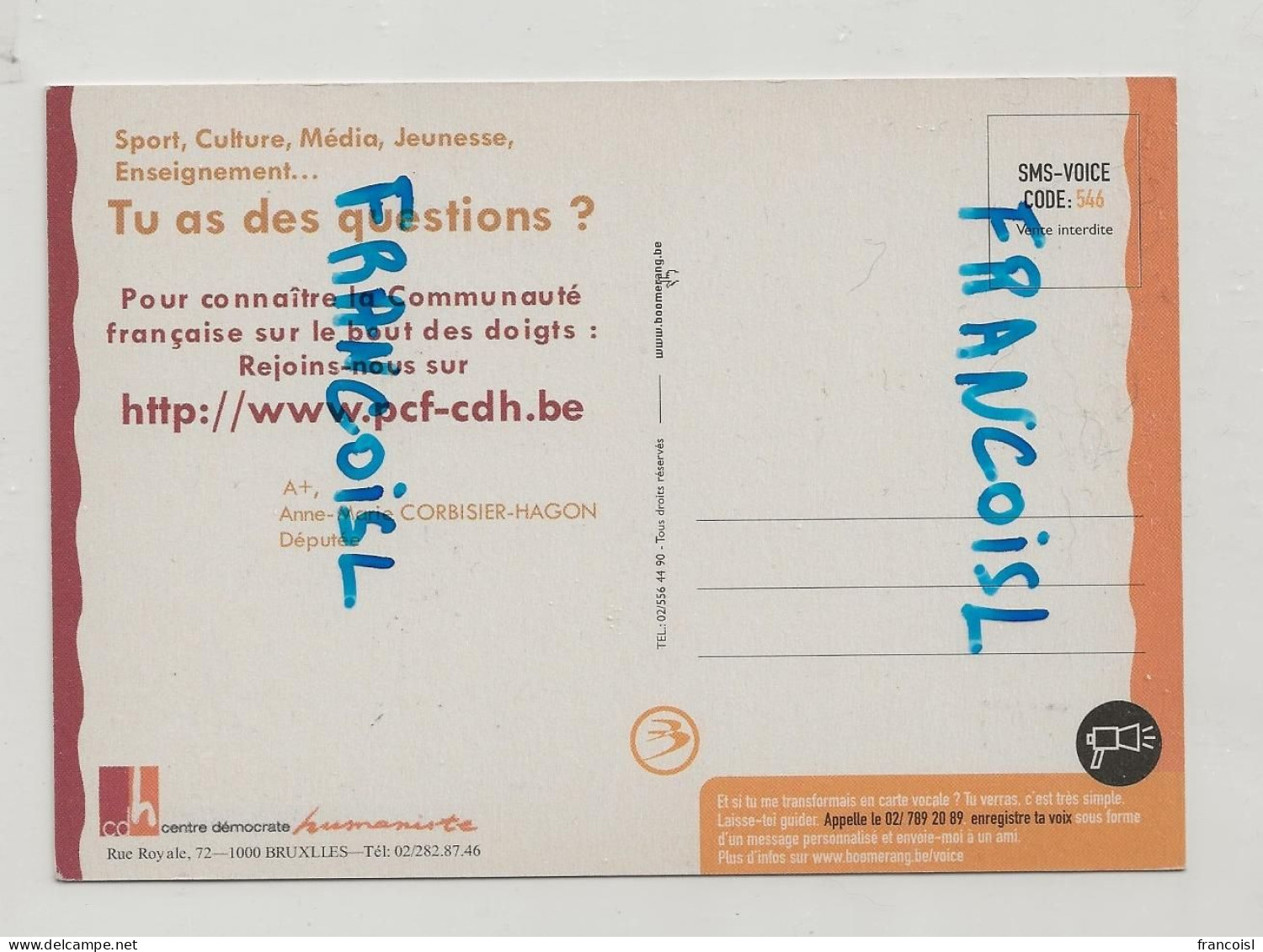 Carte Boomerang. Publicité Pour Le Centre Démocrate Humaniste. Pour Connaître La Communauté Française - Politieke Partijen & Verkiezingen