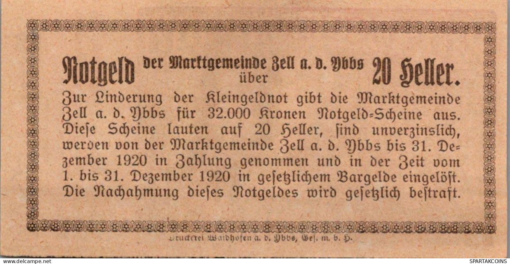 20 HELLER 1920 Stadt ZELL AN DER YBBS Niedrigeren Österreich Notgeld #PE105 - Lokale Ausgaben