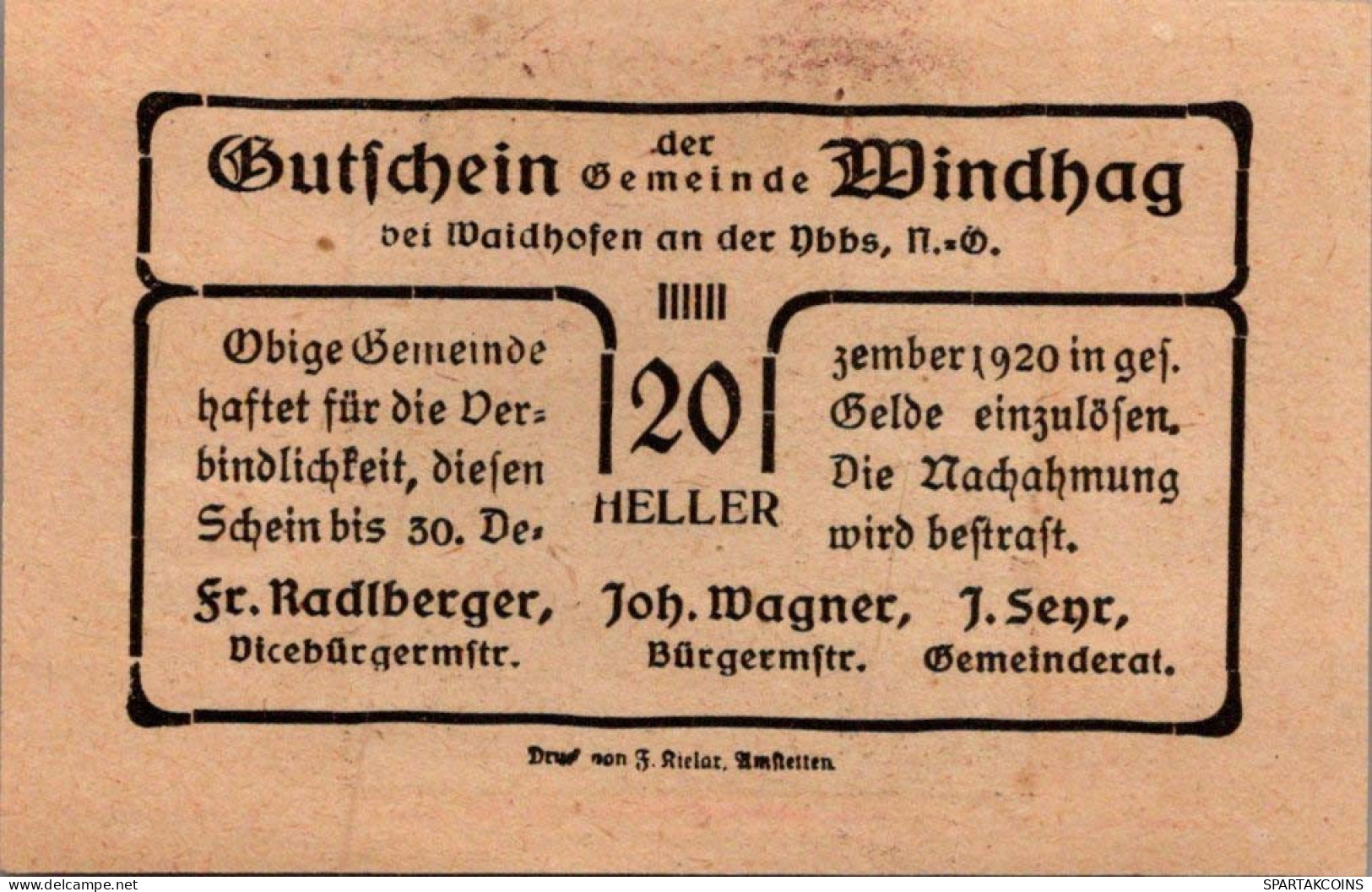 20 HELLER 1920 Stadt WINDHAG Niedrigeren Österreich Notgeld Papiergeld Banknote #PG749 - Lokale Ausgaben