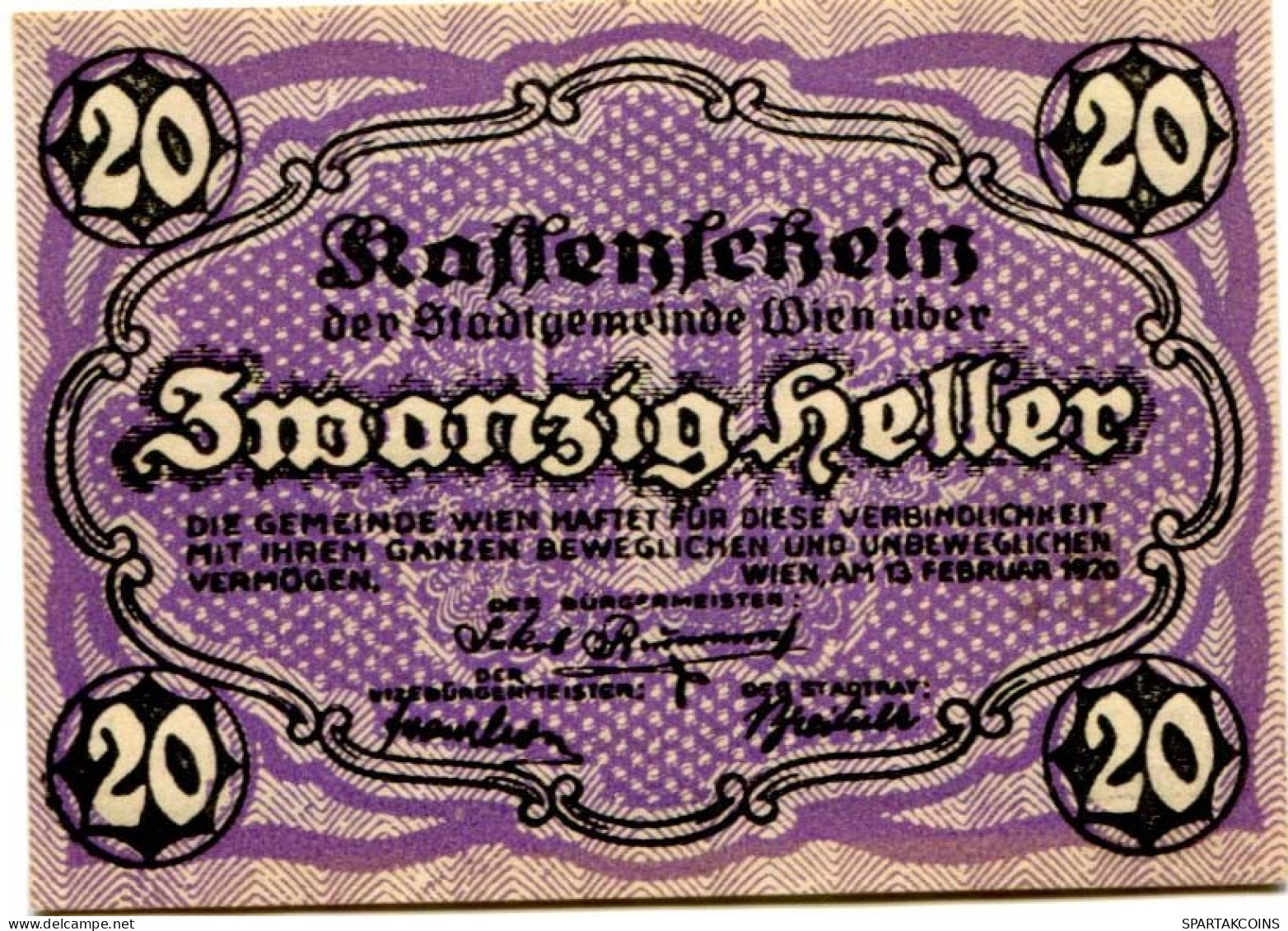 20 HELLER 1920 Stadt Wien Österreich Notgeld Papiergeld Banknote #PL567 - Lokale Ausgaben