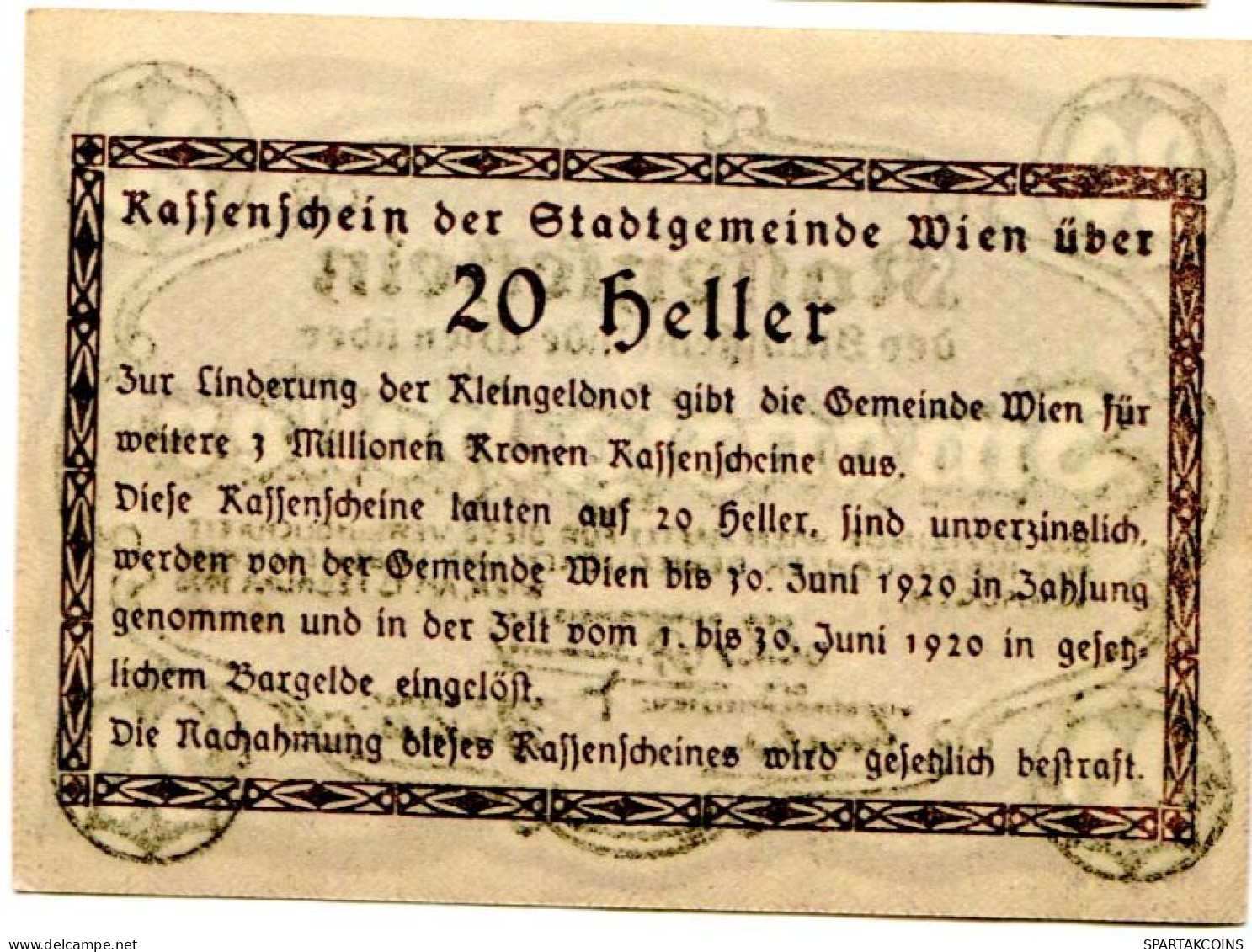 20 HELLER 1920 Stadt Wien Österreich Notgeld Papiergeld Banknote #PL567 - Lokale Ausgaben