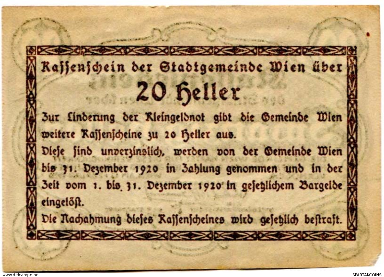 20 HELLER 1920 Stadt Wien Österreich Notgeld Papiergeld Banknote #PL566 - Lokale Ausgaben
