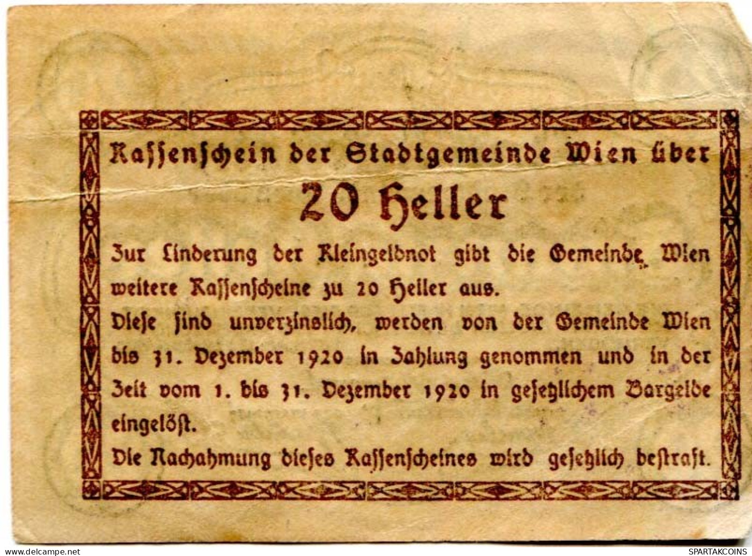 20 HELLER 1920 Stadt Wien Österreich Notgeld Papiergeld Banknote #PL568 - Lokale Ausgaben