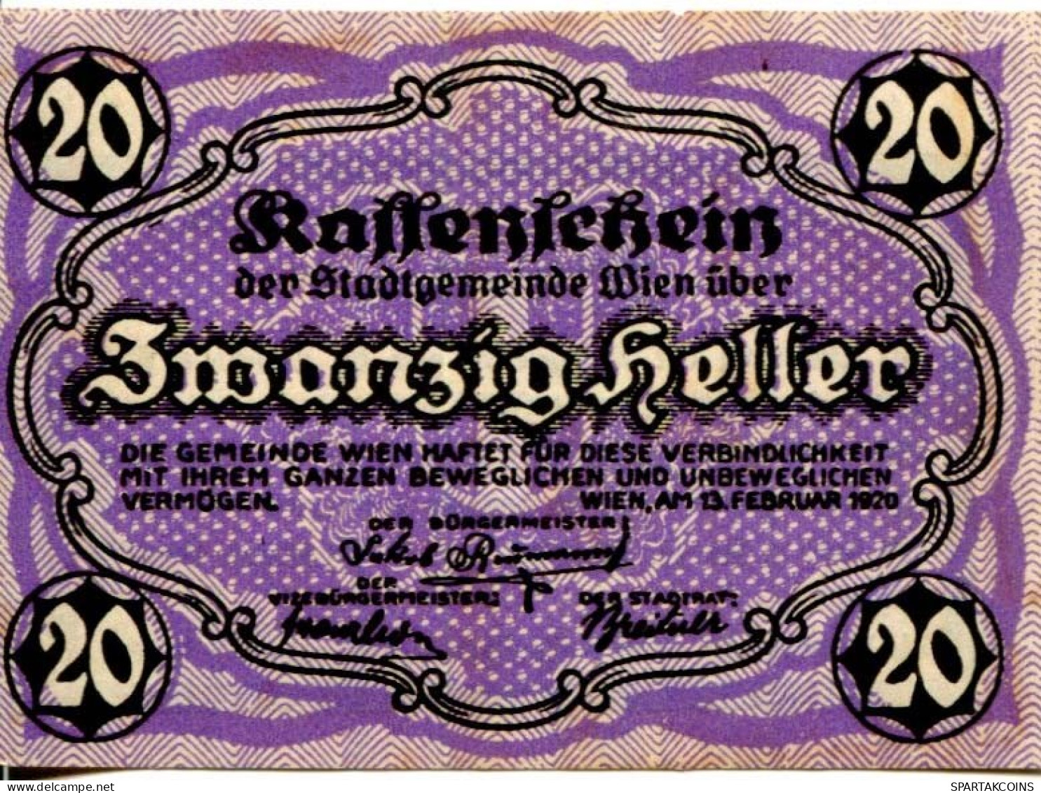 20 HELLER 1920 Stadt Wien Österreich Notgeld Papiergeld Banknote #PL562 - Lokale Ausgaben